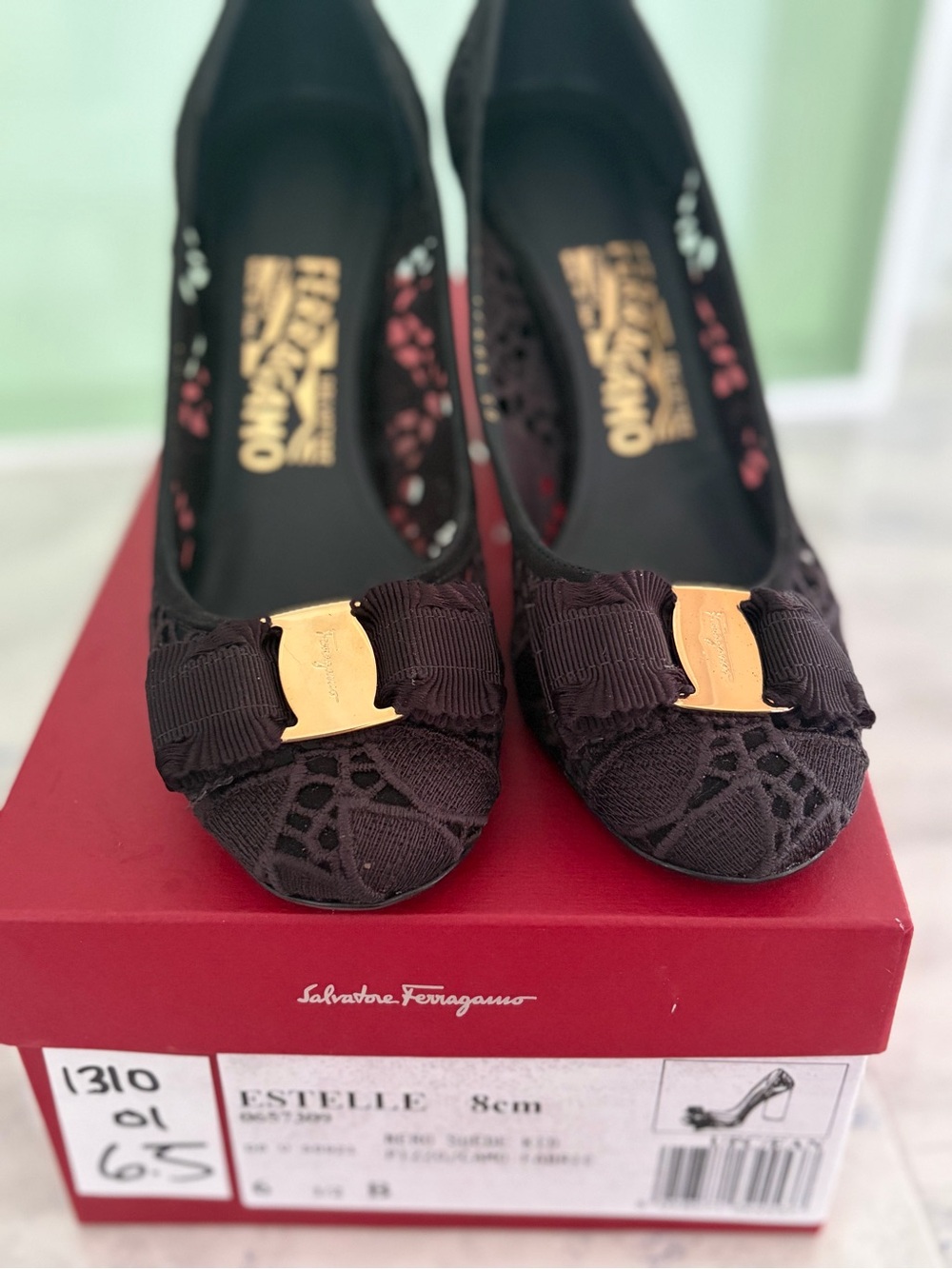 Salvatore Ferragamo Black Estelle Lace Bow Pumps with Gold Plaque
